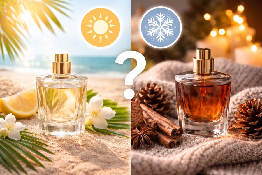 Comparaison entre un parfum d’été aux notes fraîches et un parfum d’hiver aux accords plus chaleureux, illustrant le choix d’une fragrance selon la saison.